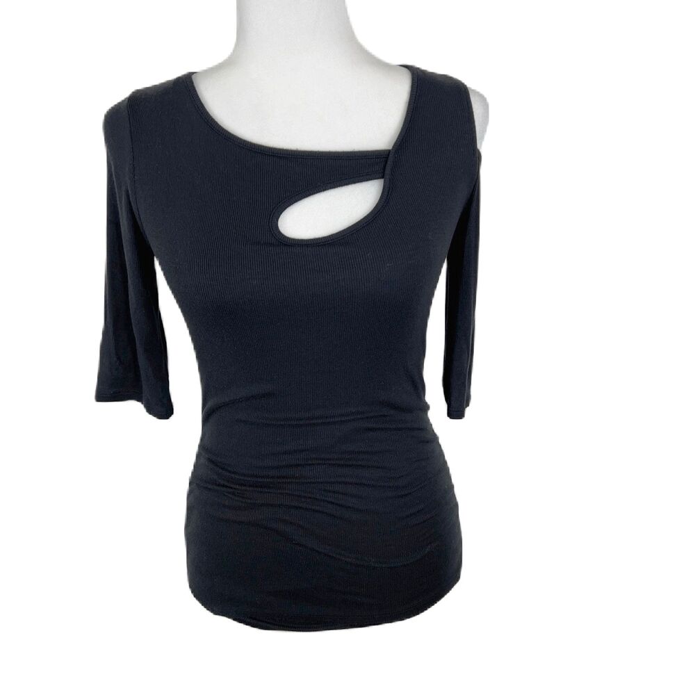 Gold Ray Sweater Women Small Black Ribbed Knit Keyhole Cold Shoulder Pullover